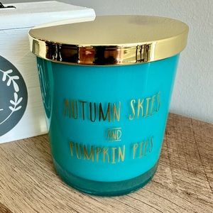 Pumpkin Maple Sugar Candle “Autumn Skies and Pumpkin Pies” Turquoise & Gold Jar